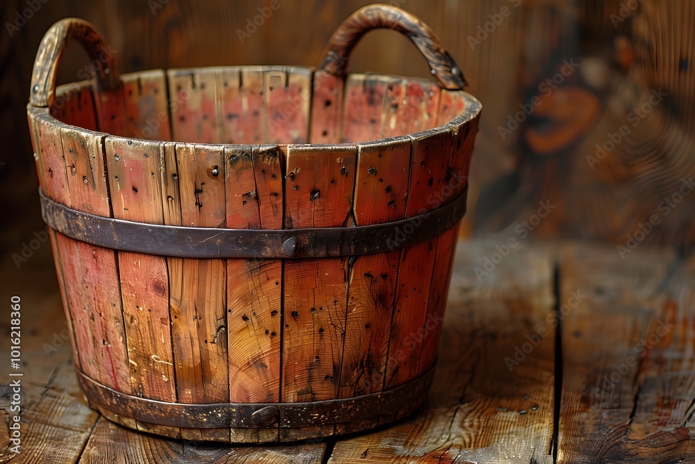 Rustic Wooden Bucket on Weathered Wood Surface for Vintage Decor and Design Rustic Wooden Bucket on Weathered Wood Surface for Vintage Decor and Design