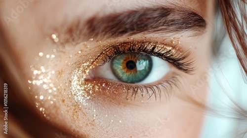 An eye adorned with golden glitter creates a stylish and captivating gaze, capturing the vibrant and artistic flair in beauty and personal expression elements. photo