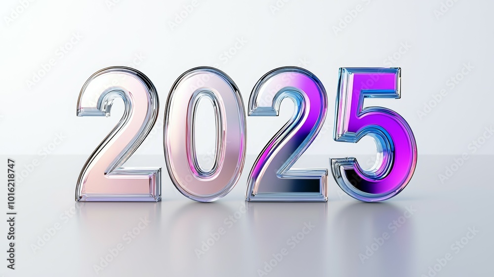 Colorful 2025 numbers displayed on a modern surface reflecting futuristic design in bright hues, symbolizing the arrival of a new year and the possibilities it holds