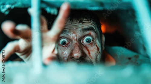 A sweaty and wide-eyed man with injuries reaches out from a small metal opening, illustrating fear and urgency in a gritty, unsettling environment.