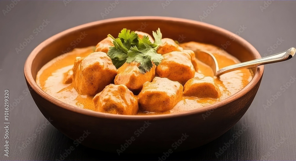 A delicious bowl of chicken korma sits on the table, featuring tender meat in a creamy, yellowish-red sauce, topped with fresh coriander leaves, inviting you to enjoy a flavorful meal. A delicious bowl of chicken korma sits on the table, featuring tender meat in a creamy, yellowish-red sauce, topped with fresh coriander leaves, inviting you to enjoy a flavorful meal.