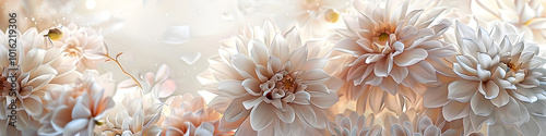 Numerous white flowers growing on a wall with light white in background
 