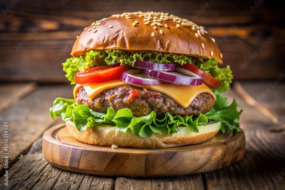 Close-up home made beef burger on wooden table Close-up home made beef burger on wooden table