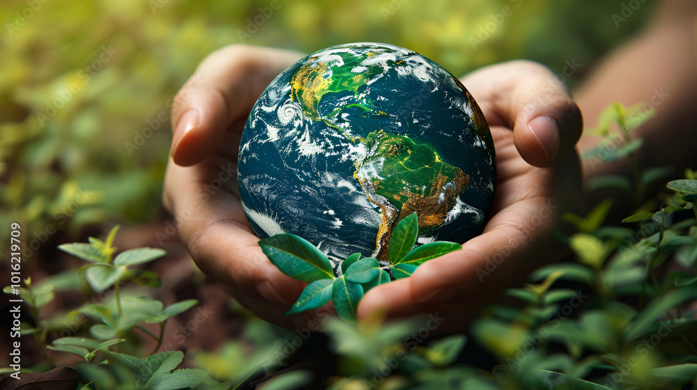Artistic depiction of a hand holding a globe, surrounded by leaves and nature elements, symbolizing global environmental care and protection Artistic depiction of a hand holding a globe, surrounded by leaves and nature elements, symbolizing global environmental care and protection