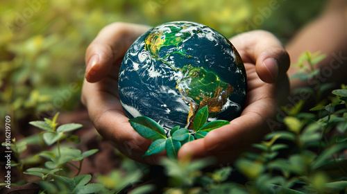 Artistic depiction of a hand holding a globe, surrounded by leaves and nature elements, symbolizing global environmental care and protection