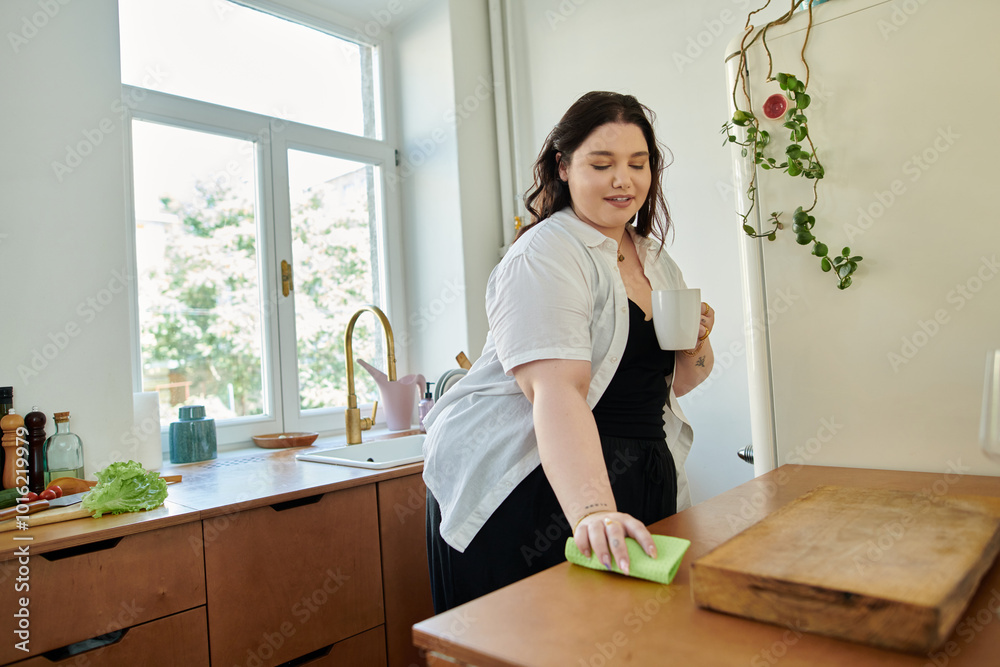 A joyful woman wipes the kitchen countertop while sipping her drink. A joyful woman wipes the kitchen countertop while sipping her drink.
