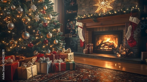 Christmas tree with presents, fireplace, and stockings