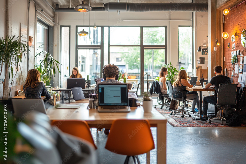 A working office space with desks and computers for coworking. Generated by artificial intelligence A working office space with desks and computers for coworking. Generated by artificial intelligence