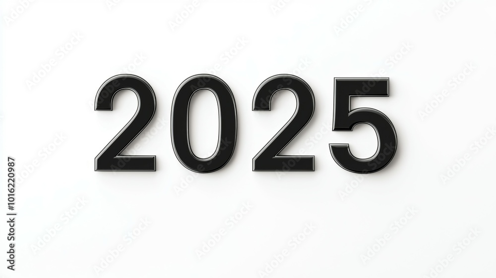 Display of the year 2025 in bold black numeral designs against a minimalist white background for contemporary artistry or calendar purposes Display of the year 2025 in bold black numeral designs against a minimalist white background for contemporary artistry or calendar purposes