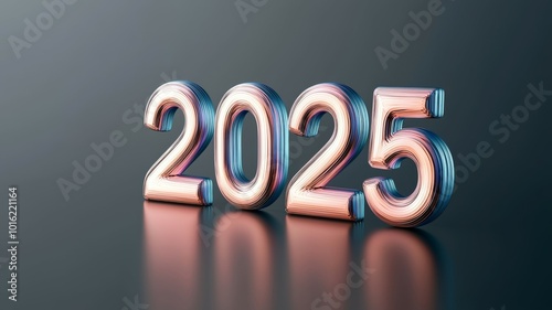 Stylized 2025 numerals with a reflective surface and gradient colors, signifying the upcoming year in a modern abstract style