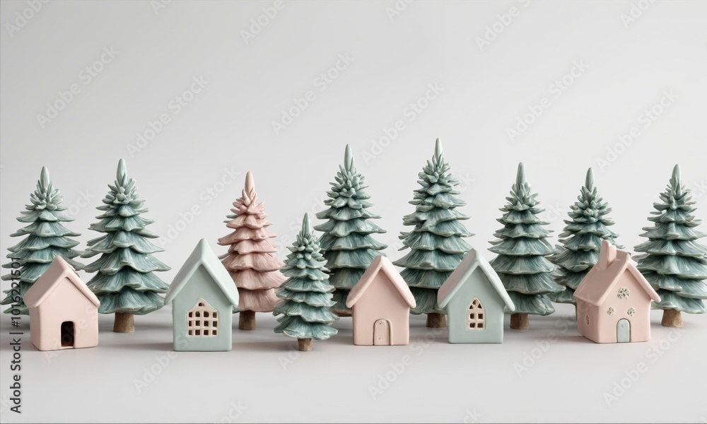 Ceramic houses and trees on white background Ceramic houses and trees on white background