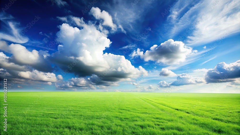 Fototapeta premium Green grass field under blue sky with white clouds