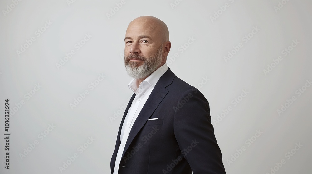 Man stands confidently against plain gray background in dark suit, white shirt and tie. Serious facial expression, directed gaze off to side. Focus on attire, expression and presence. Man stands confidently against plain gray background in dark suit, white shirt and tie. Serious facial expression, directed gaze off to side. Focus on attire, expression and presence.