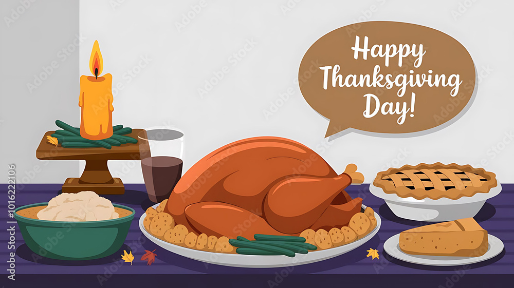 A banner with text Happy Thanksgiving Day in a celebration illustration background