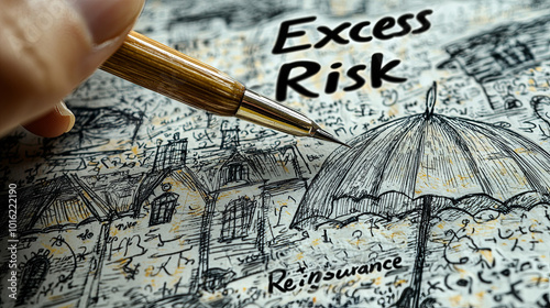 Artistic representation of excess risk in reinsurance with umbrella sketch