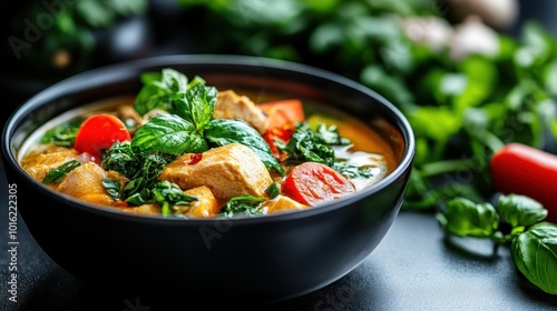 Savory curry adorned with vibrant basil leaves and bright vegetables in a sleek black bowl, representing culinary excellence and a feast for senses.