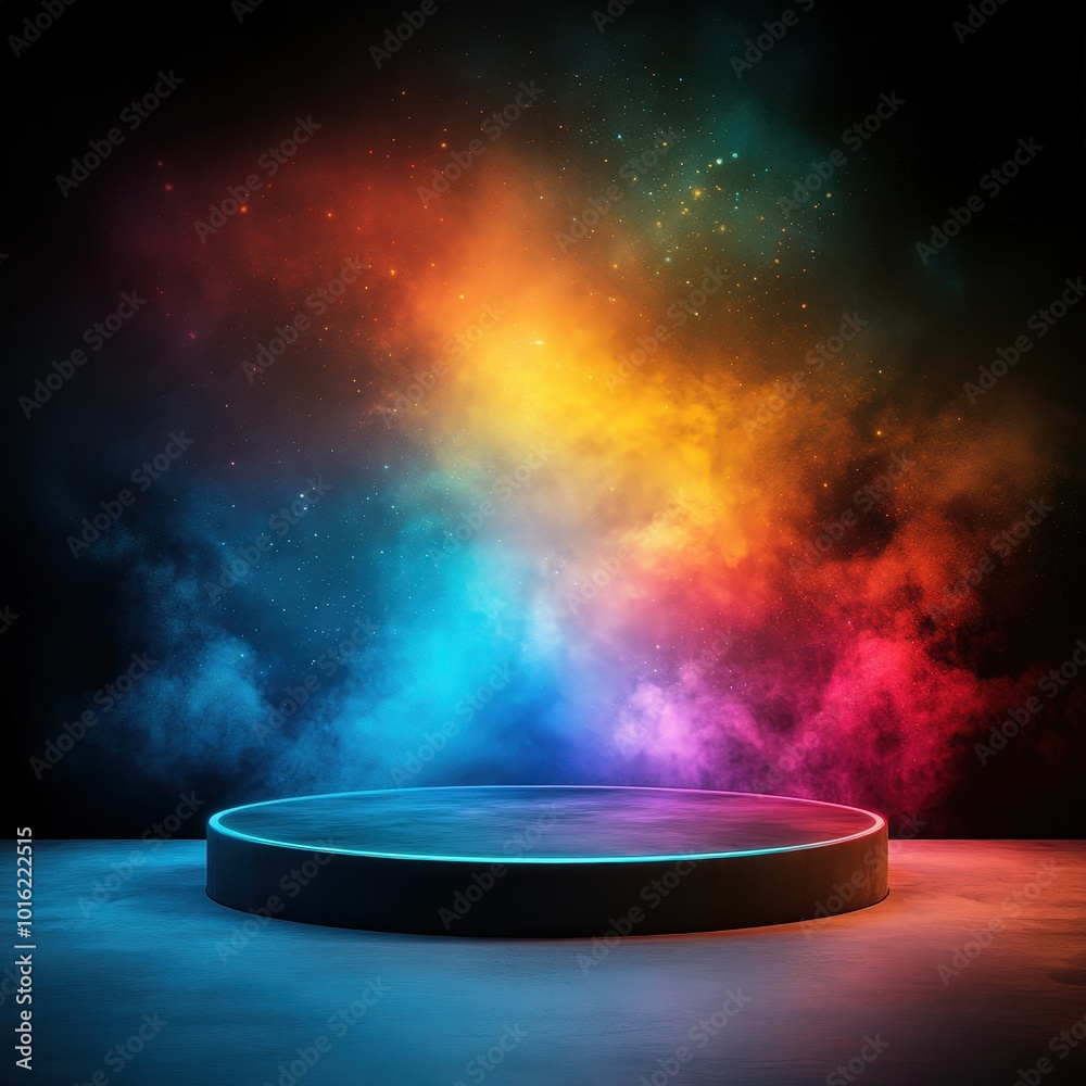 Obraz premium Neon Glow Podium with Colorful Smoke and Stars Background.