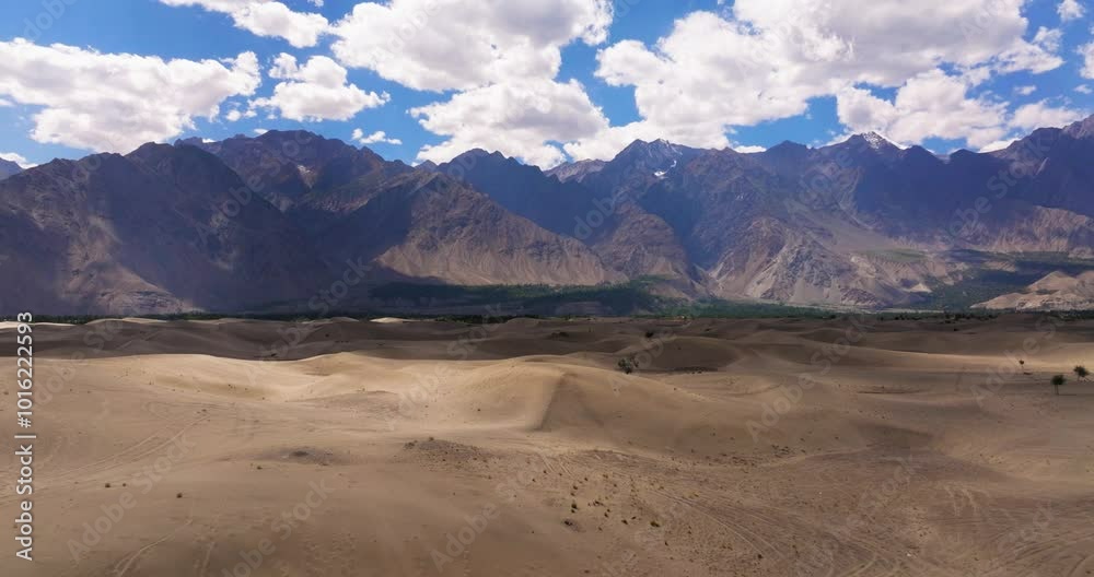 Aerial Pullback Reveals Katpana Desert (Cold Desert) Sand Dunes. Skardu Pakistan. Stunning Contrasting Landscape Aerial Pullback Reveals Katpana Desert (Cold Desert) Sand Dunes. Skardu Pakistan. Stunning Contrasting Landscape