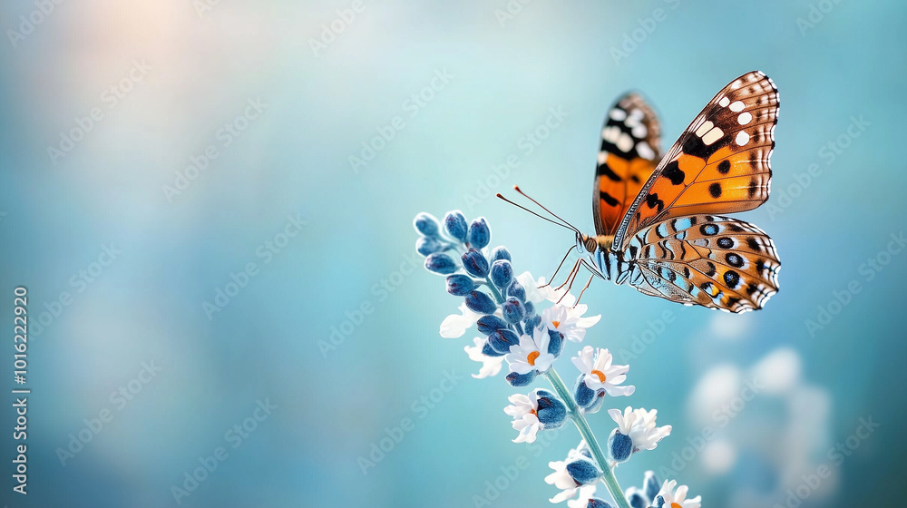 delicate golden butterfly resting on flower, showcasing its vibrant orange and black wings against soft blue background. scene evokes sense of tranquility and beauty in nature delicate golden butterfly resting on flower, showcasing its vibrant orange and black wings against soft blue background. scene evokes sense of tranquility and beauty in nature