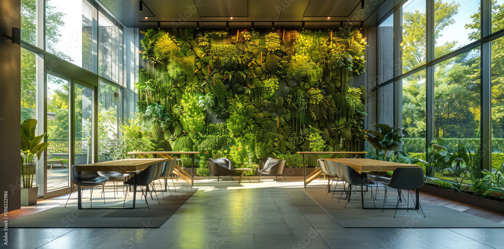 Fototapeta premium Collaborative office space with greenery, modern tables, vertical gardens along the walls, bright natural lighting from large windows.
