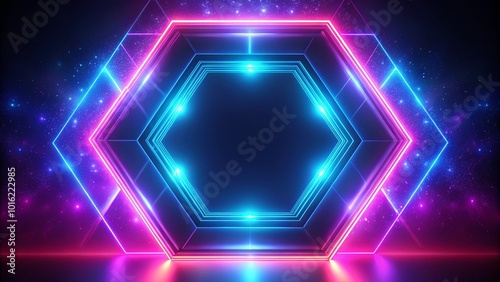 Abstract Neon Hexagon Portal Glowing with Vibrant Light in a Cosmic Background