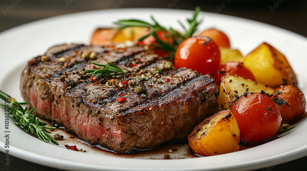 Australian beef steak on dish with blur background. Food concept. Generative AI Australian beef steak on dish with blur background. Food concept. Generative AI