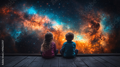 Two children stand on a rooftop, gazing up at the night sky filled with stars and a shooting star. The moment captures wonder, innocence, and the magical hope of making a wish under the galaxy's vastn photo