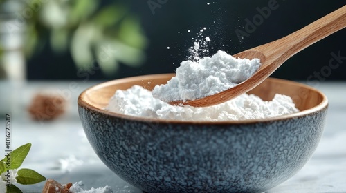 A close-up of a wooden spoon taking fine white powder from a bowl, epitomizing precision, care, and attention to detail in cooking or baking preparations. photo