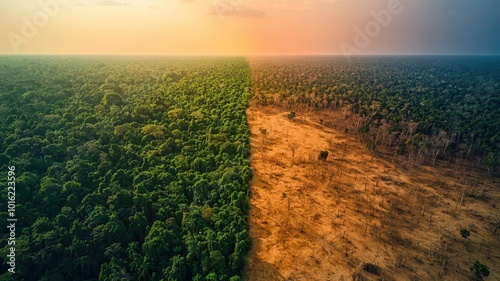 Aerial view showcasing the striking contrast between lush forest and barren land, highlighting environmental changes and deforestation.