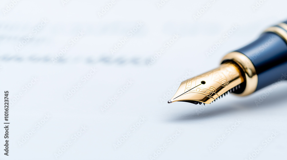 gold plated fountain pen elegantly poised on luxurious paper, showcasing its intricate nib design. This captures essence of sophistication and fine writing instruments gold plated fountain pen elegantly poised on luxurious paper, showcasing its intricate nib design. This captures essence of sophistication and fine writing instruments