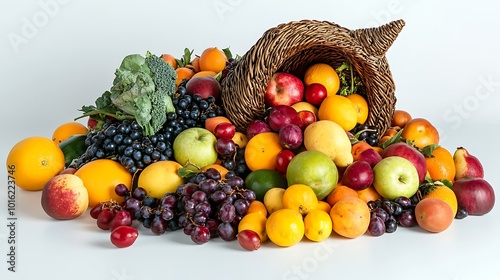 Fototapeta Naklejka Na Ścianę i Meble -  A decorative cornucopia filled with fresh fruits and vegetables, spilling the white surface.