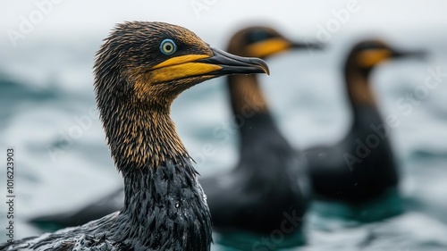 Close-up of a cormorant with striking blue eyes, set against a blurred background of fellow birds in a marine environment.