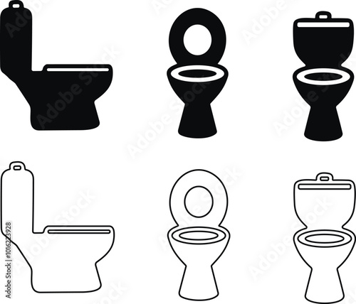 Toilet flat and line icon bowl sanitaryware vector bathroom set. Bidet toilet icon collection