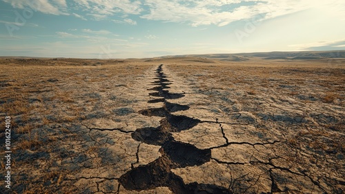 Cracked earth with footprints leading into the distance, visualizing the environmental impact of human actions on land