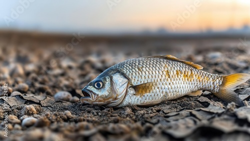 Dying fish in a dried-up riverbed, visualizing the environmental impact of water scarcity and pollution