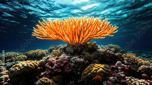 Dying coral reef surrounded by vibrant sea creatures, showcasing the effects of ocean pollution and climate change