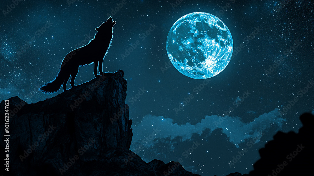 Silhouette of a wolf howling at a full moon, with a starry night sky providing ample space for copy. Silhouette of a wolf howling at a full moon, with a starry night sky providing ample space for copy.