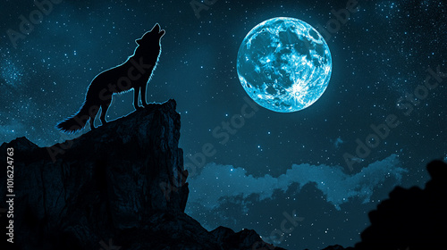 Silhouette of a wolf howling at a full moon, with a starry night sky providing ample space for copy.