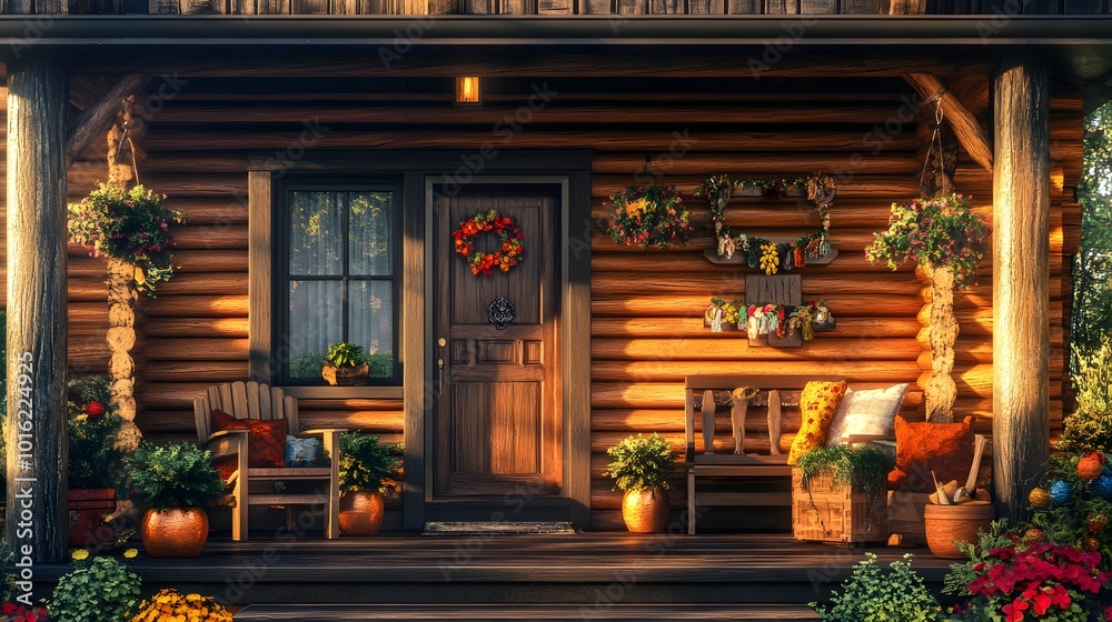 Cozy Log Cabin Porch with Autumnal Decorations Cozy Log Cabin Porch with Autumnal Decorations