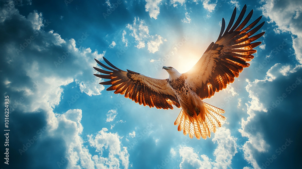Eagle soaring through a bright blue sky, wings fully spread, with ample open sky for copy space. Eagle soaring through a bright blue sky, wings fully spread, with ample open sky for copy space.