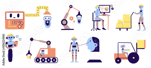 Industrial Robots and AI Automation Set. A collection of robots working in various industrial settings, showcasing automation, artificial intelligence, and factory operations for modern industries