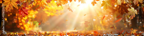 A beautiful view of autumn leaves hanging tree branch, glowing golden sunlight, autumn background
