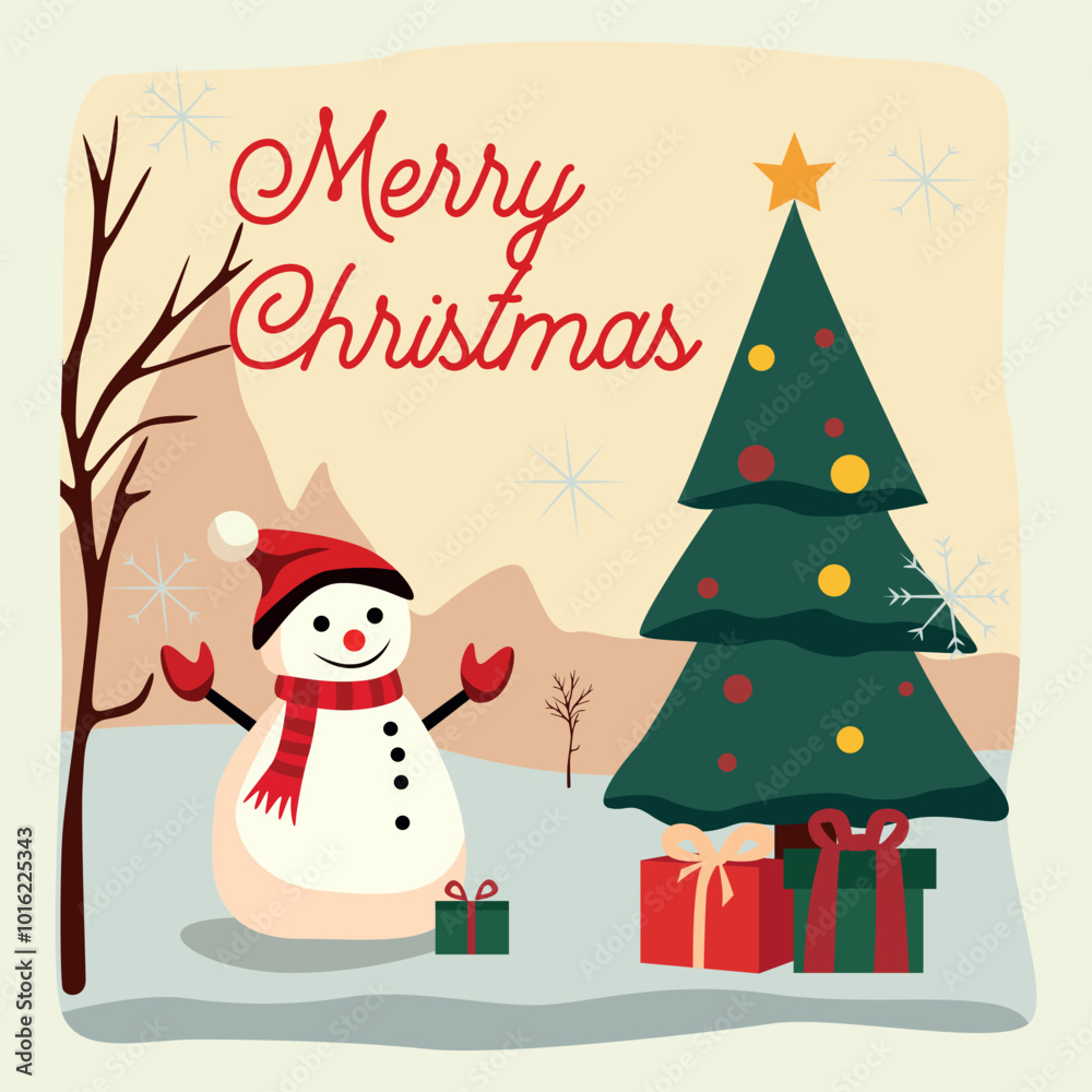 Festive Christmas scene with a smiling snowman in a red scarf and hat standing beside a decorated Christmas tree with presents. The greeting Merry Christmas is written at the top in red letters Festive Christmas scene with a smiling snowman in a red scarf and hat standing beside a decorated Christmas tree with presents. The greeting Merry Christmas is written at the top in red letters