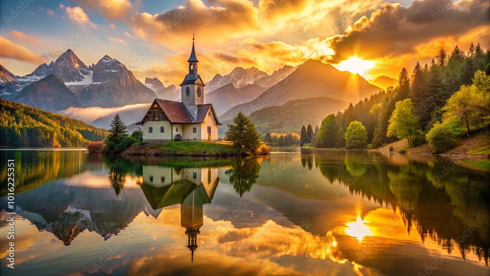 Fototapeta premium Serene Church Reflecting on a Still Lake at Sunrise, Surrounded by Lush Forest and Majestic Mountain Peaks