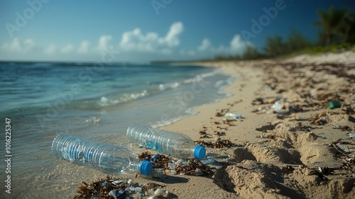 Littered beach scene with plastic water bottles and debris, highlighting ocean pollution and the need for environmental awareness.