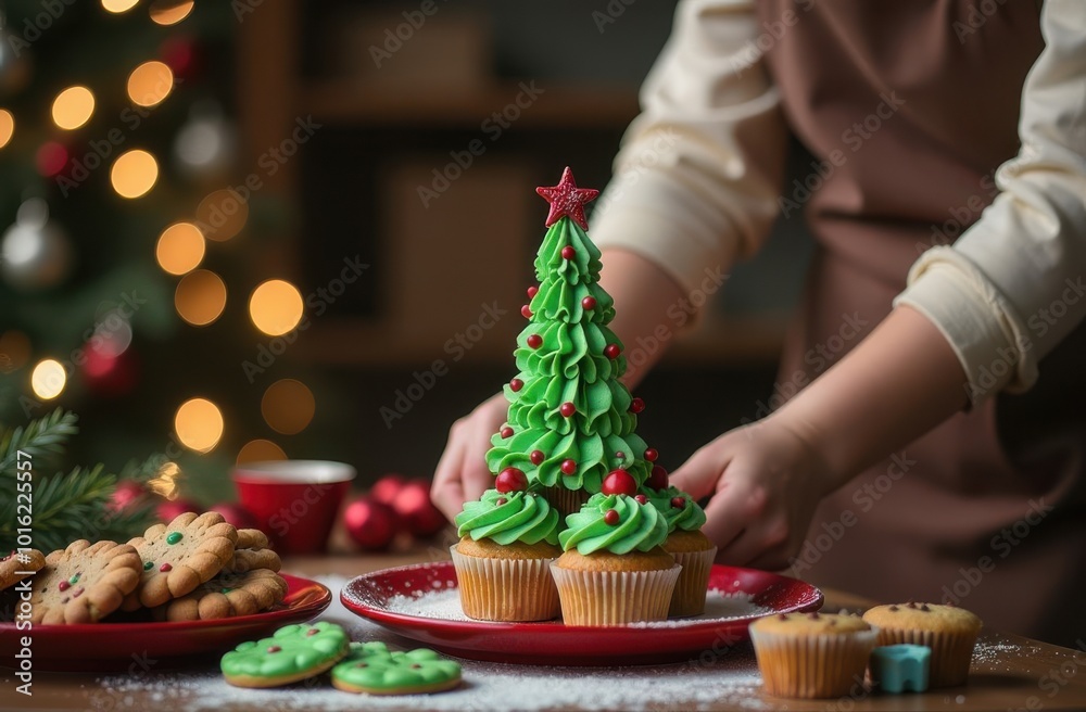 Christmas card with a baby in a Santa Claus costume on a festive background, a newborn baby sleeps sweetly in a Santa suit, baby products