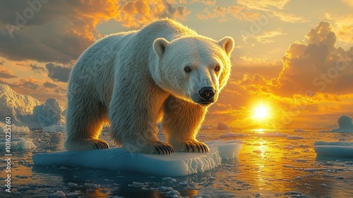 Polar bear on a shrinking iceberg with the sun setting behind, a symbol of endangered species and climate change