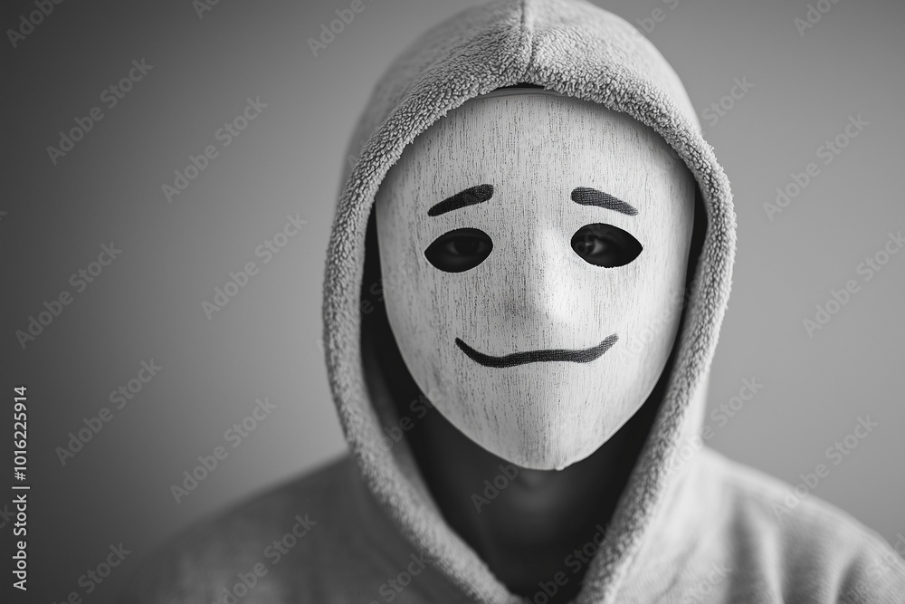 A person wearing a mask with a happy face, but behind the mask, their expression is one of sadness or fear A person wearing a mask with a happy face, but behind the mask, their expression is one of sadness or fear