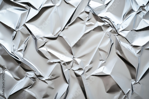 A close-up view of crumpled silver aluminum foil creating abstract patterns and textures.