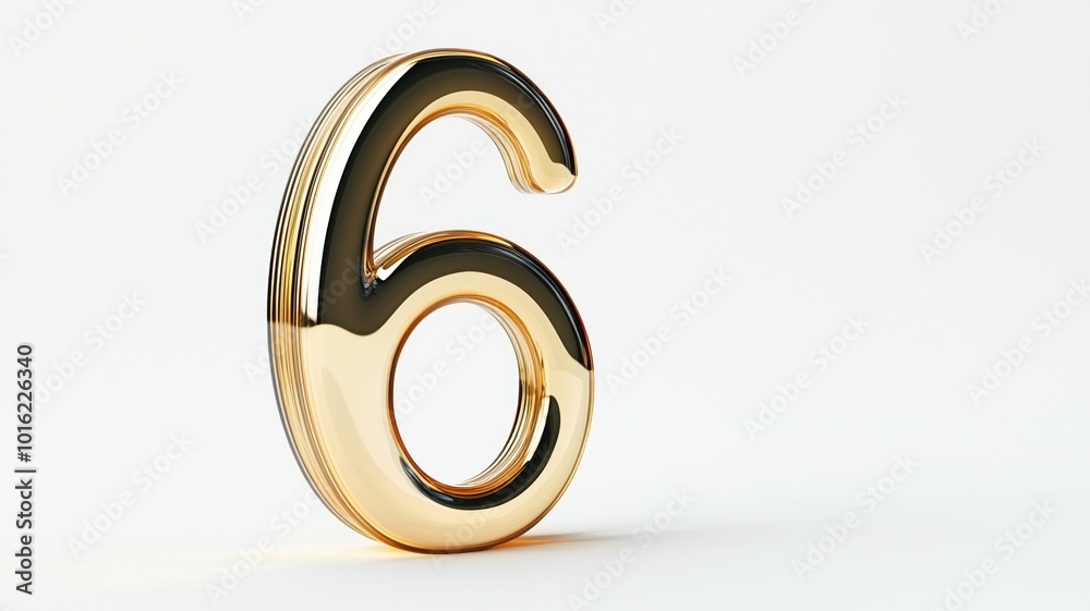 Shiny golden number six stands prominently on a clean white background highlighting its elegant design and shape Shiny golden number six stands prominently on a clean white background highlighting its elegant design and shape